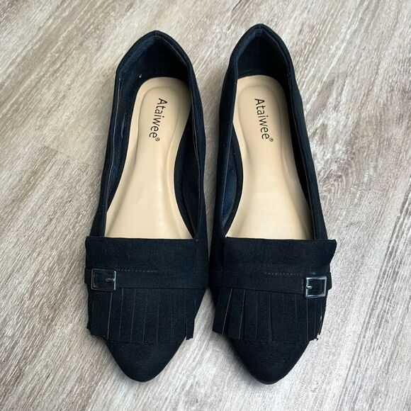 Ataiwee Black Suede Pointed Toe Black Fringe Flats With Buckle Size 6.5W - Picture 2 of 6